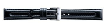 Black leather watch strap with ridges and silver buckle
