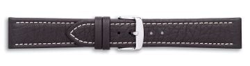 Black buffalo print embossed leather watch strap with silver buckle and white stitching