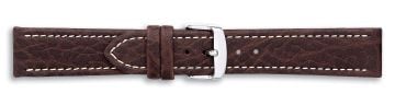 Brown buffalo print embossed leather watch strap with silver buckle and white stitching
