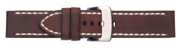 Brown saddle leather watch strap with silver buckle and white stitching