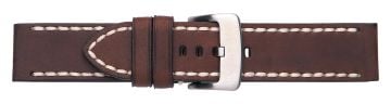 Brown saddle leather watch strap with silver buckle and white stitching