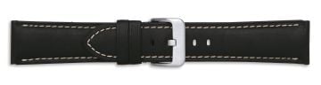 Black leather watch strap with silver buckle and cream stitching
