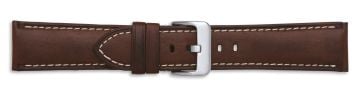 Brown leather watch strap with silver buckle and cream stitching