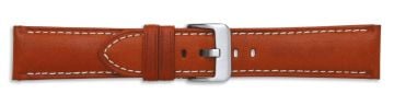Tan leather watch strap with silver buckle and cream stitching
