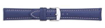 Blue buffalo print embossed leather watch strap with silver buckle and white stitching
