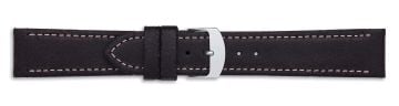 Black leather watch strap with silver buckle and contrast stitching