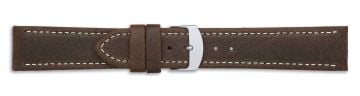 Brown leather watch strap with silver buckle and contrast stitching