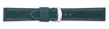 Blue leather watch strap with silver buckle and contrast stitching