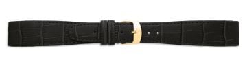 Black open-ended leather watch strap with gold buckle