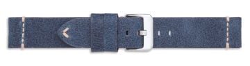 Blue leather watch strap with stitch details and silver buckle