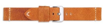 Tan leather watch strap with stitch details and silver buckle