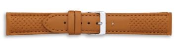 Tan leather watch strap with cross stitching and silver buckle