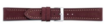 Red suede leather watch strap with cream stitching and silver buckle