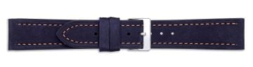 Blue suede leather watch strap with cream stitching and silver buckle