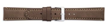 Brown leather watch strap with dark beige stitching and silver buckle