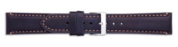 Blue leather watch strap with dark beige stitching and silver buckle