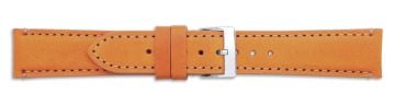 Tan leather watch strap with dark beige stitching and silver buckle