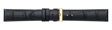Black alligator print embossed leather watch strap with gold buckle