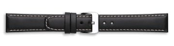 Black leather watch strap with silver buckle and contrast stitching