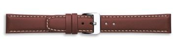 Brown leather watch strap with silver buckle and contrast stitching