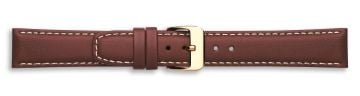 Brown leather watch strap with gold buckle and contrast stitching
