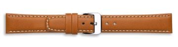 Tan leather watch strap with silver buckle and contrast stitching