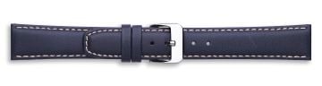 Blue leather watch strap with silver buckle and contrast stitching