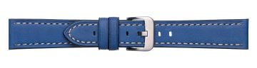 Blue leather watch strap with silver buckle and contrast stitching