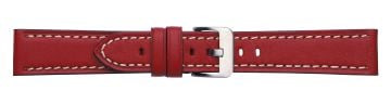 Red leather watch strap with silver buckle and contrast stitching