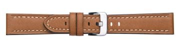 Tan leather watch strap with silver buckle and contrast stitching