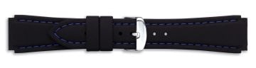 Black silicone watch strap with silver buckle and blue stitching
