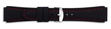 Black silicone watch strap with silver buckle and red stitching