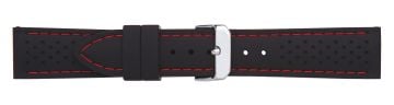 Black silicone watch strap with silver buckle and red stitching