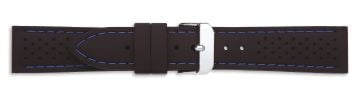 Black silicone watch strap with silver buckle and blue stitching