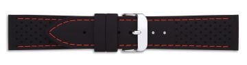 Black silicone watch strap with silver buckle and orange stitching