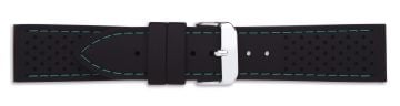 Black silicone watch strap with silver buckle and green stitching