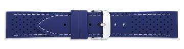 Blue silicone watch strap with silver buckle and white stitching