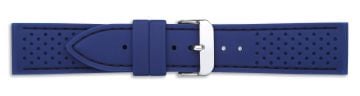 Blue silicone watch strap with silver buckle and black stitching