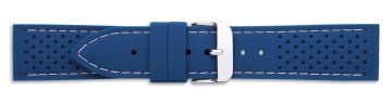 Blue silicone watch strap with silver buckle and white stitching