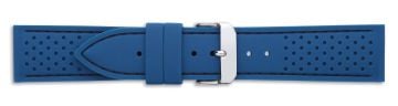 Blue silicone watch strap with silver buckle and black stitching